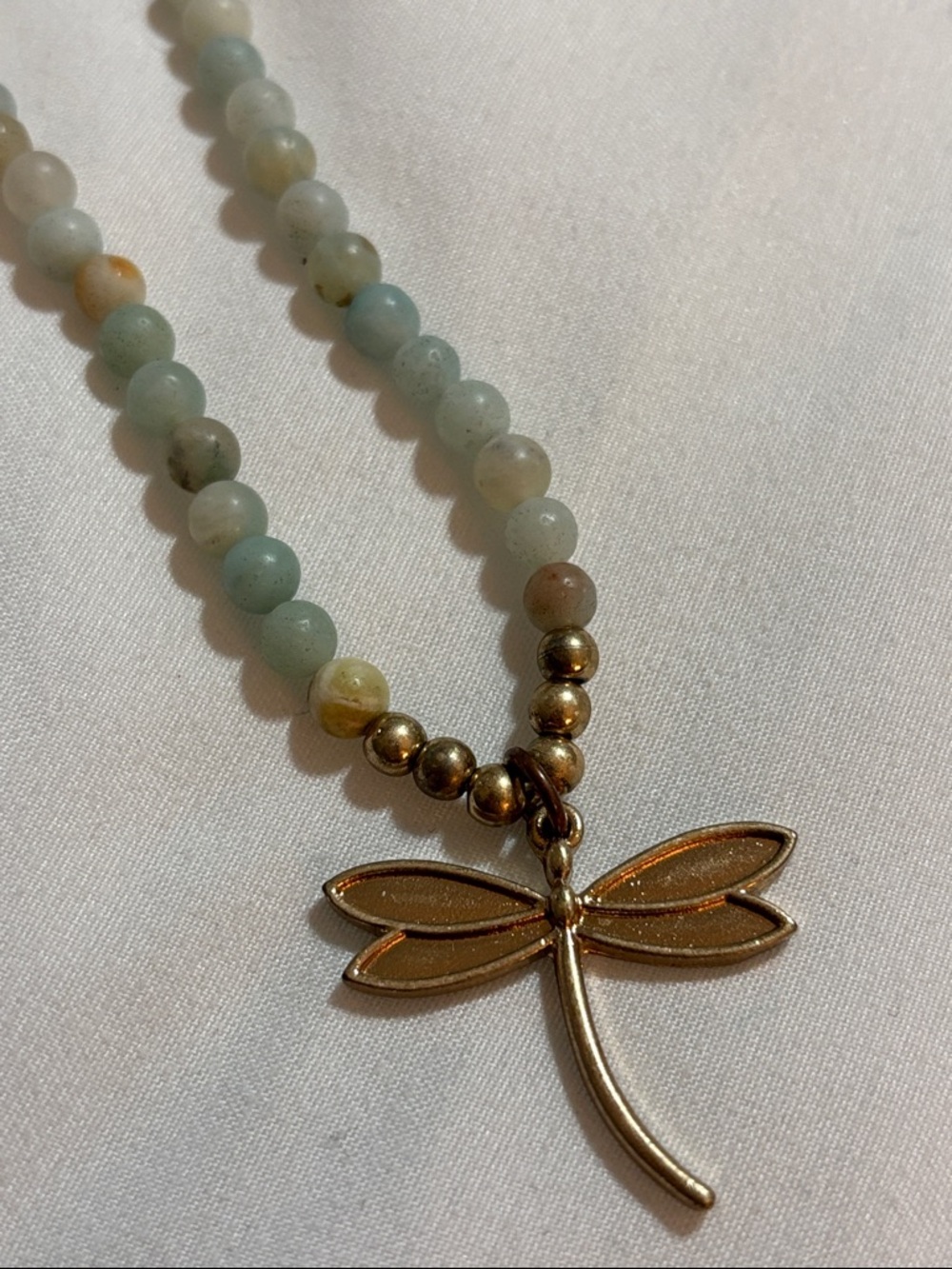 Gold Dragonfly Pendant Necklace with Light Aqua Beads